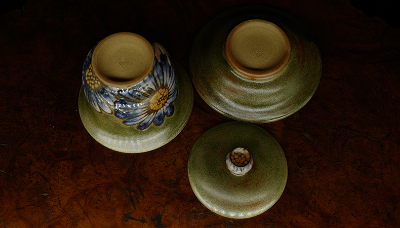 台湾大肚窑盖碗 台湾名家手绘堆釉陶瓷盖碗 彩绘三才杯